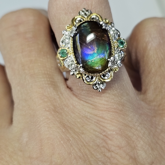 Rare Genuine Ammolite & Emerald Ring in 18k & Sterling Silver Sz 7! π - Picture 6 of 7